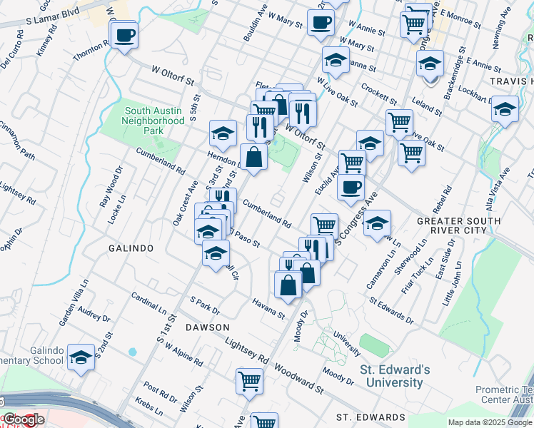 map of restaurants, bars, coffee shops, grocery stores, and more near 483 Cumberland Road in Austin
