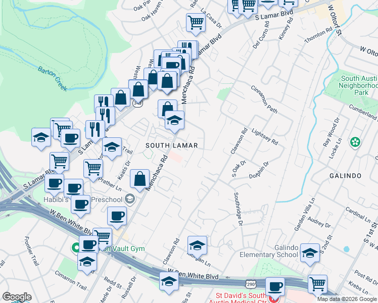map of restaurants, bars, coffee shops, grocery stores, and more near 3601 Menchaca Road in Austin