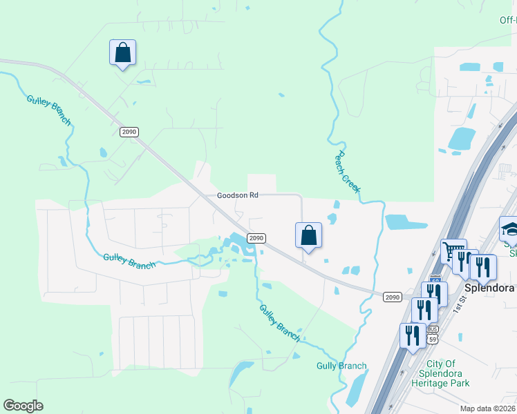 map of restaurants, bars, coffee shops, grocery stores, and more near 25069 Farm to Market Road 2090 in Splendora