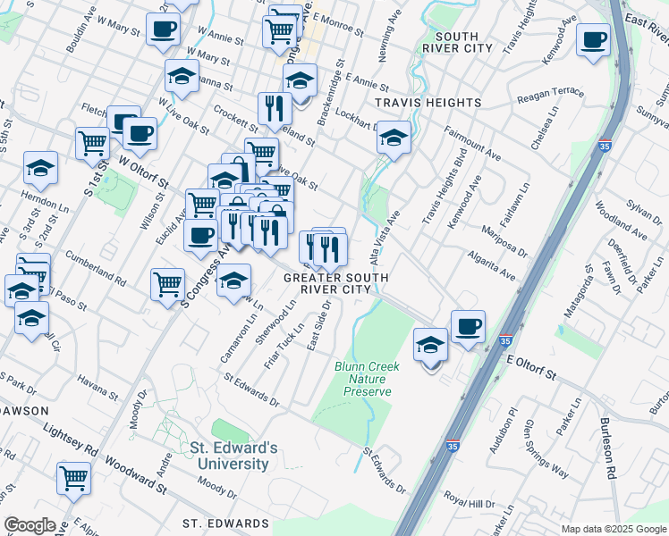 map of restaurants, bars, coffee shops, grocery stores, and more near in Austin