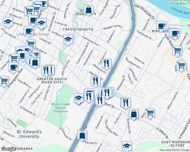 map of restaurants, bars, coffee shops, grocery stores, and more near 1221 Algarita Avenue in Austin