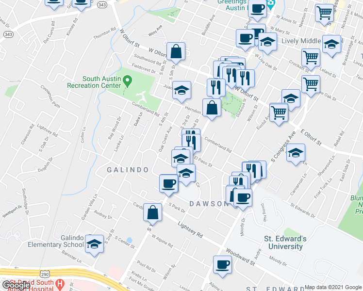 map of restaurants, bars, coffee shops, grocery stores, and more near 2900 South 1st Street in Austin