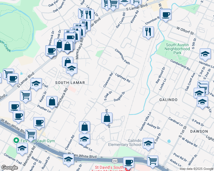 map of restaurants, bars, coffee shops, grocery stores, and more near 1605 Valleyridge Drive in Austin