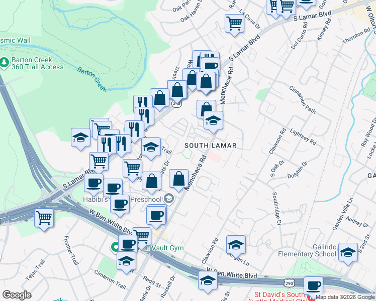 map of restaurants, bars, coffee shops, grocery stores, and more near 3628 Manchaca Road in Austin