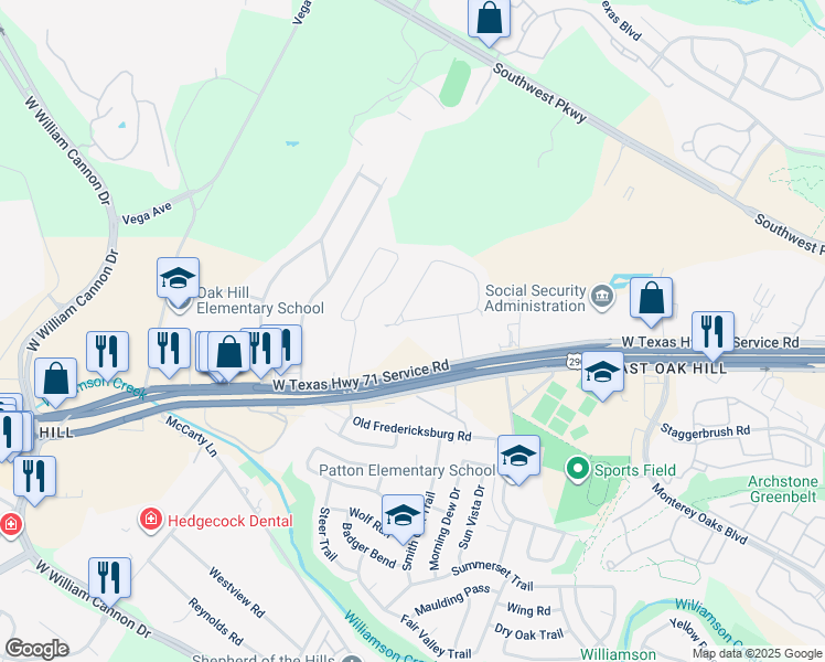 map of restaurants, bars, coffee shops, grocery stores, and more near 5612 Oak Boulevard East in Austin