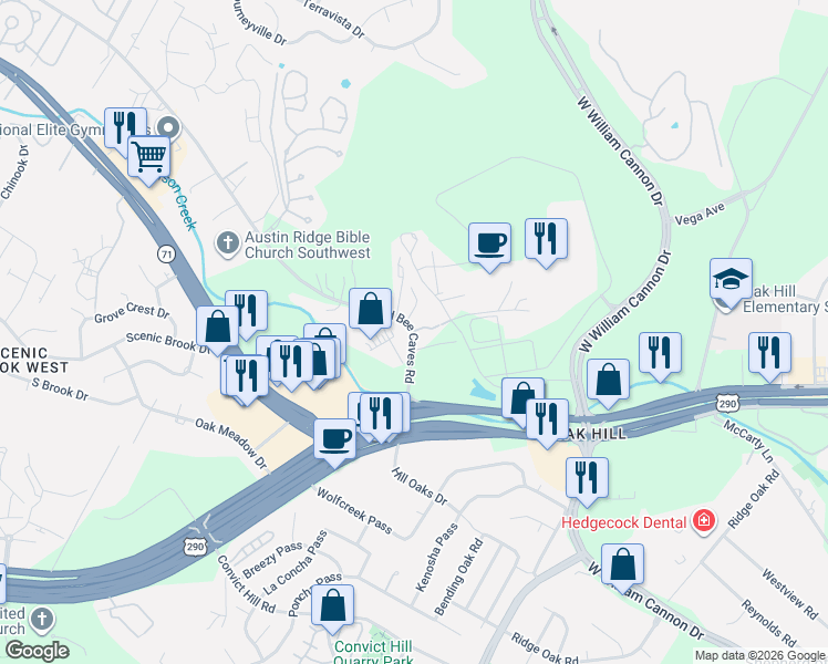 map of restaurants, bars, coffee shops, grocery stores, and more near 6900 Old Bee Caves Road in Austin