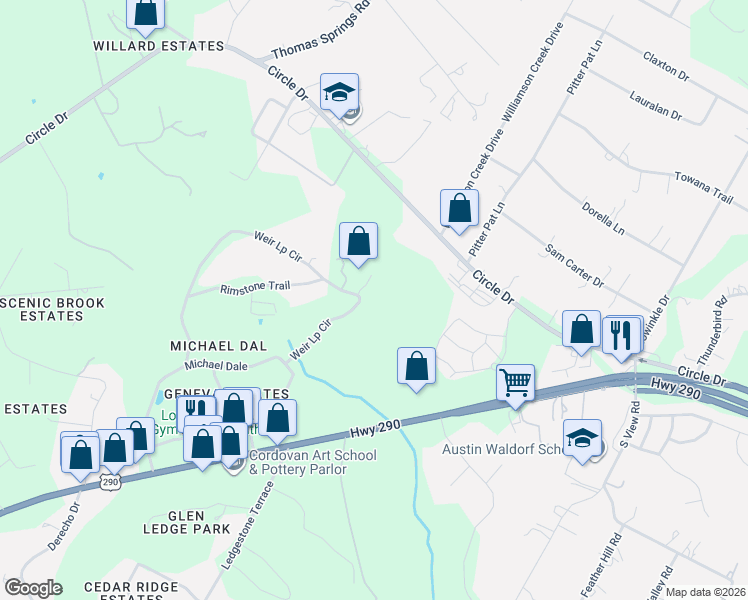 map of restaurants, bars, coffee shops, grocery stores, and more near 9848 Weir Loop Circle in Austin