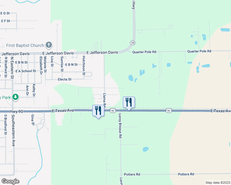 map of restaurants, bars, coffee shops, grocery stores, and more near 141 Fontenot St in Rayne