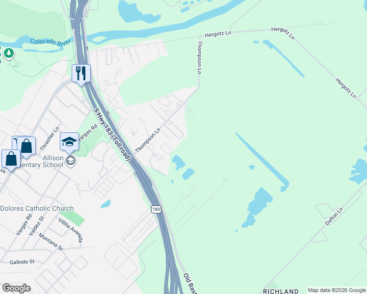 map of restaurants, bars, coffee shops, grocery stores, and more near 501 Thompson Lane in Austin