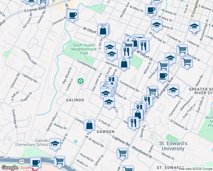 map of restaurants, bars, coffee shops, grocery stores, and more near 2900 South 1st Street in Austin