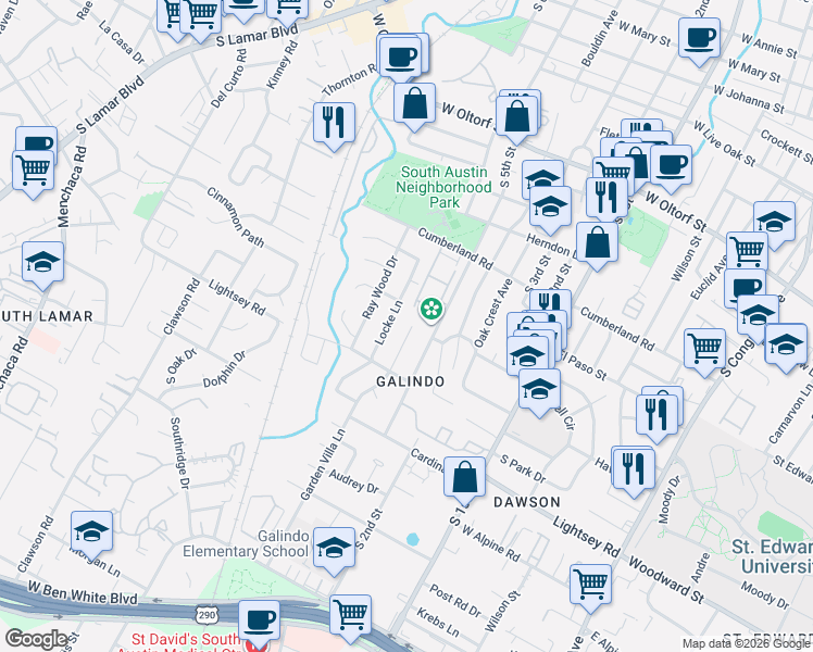 map of restaurants, bars, coffee shops, grocery stores, and more near 3000 Garden Villa Lane in Austin