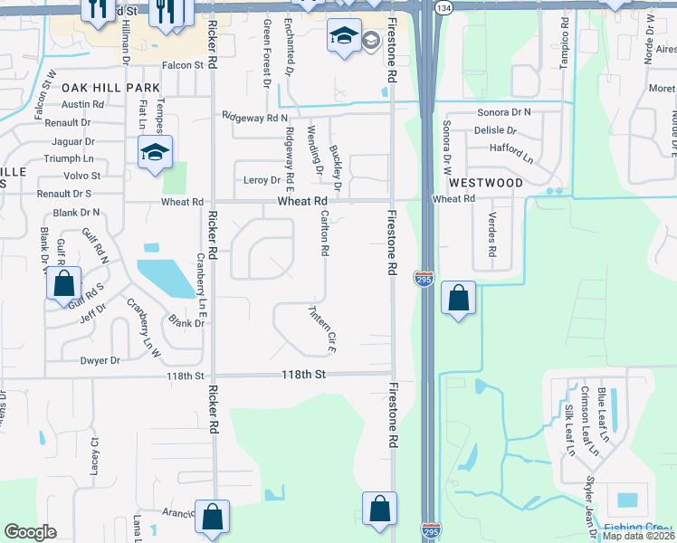 map of restaurants, bars, coffee shops, grocery stores, and more near 6205 Carlton Road in Jacksonville