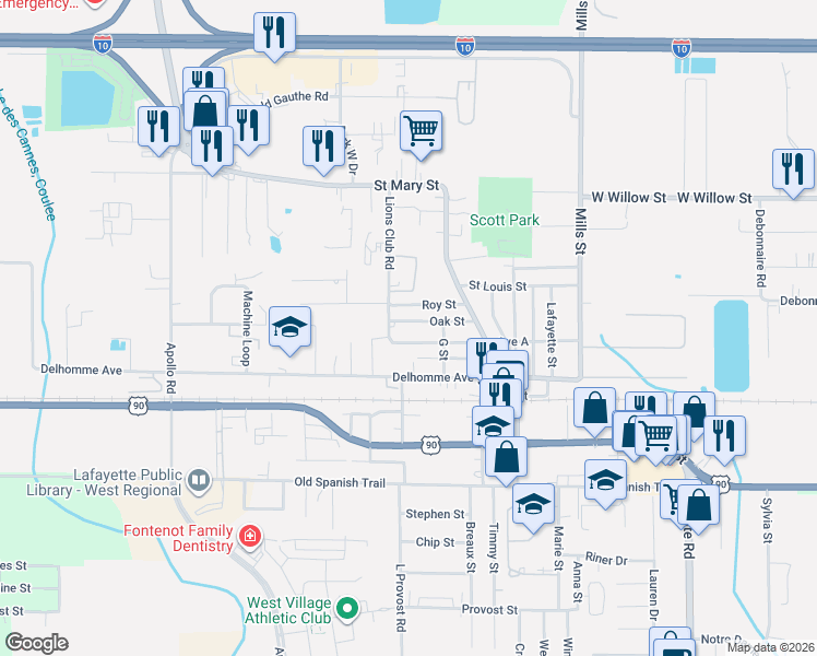 map of restaurants, bars, coffee shops, grocery stores, and more near 804 Lions Club Road in Scott