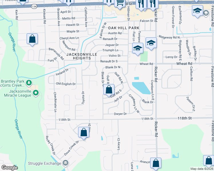 map of restaurants, bars, coffee shops, grocery stores, and more near 6125 Gulf Road West in Jacksonville