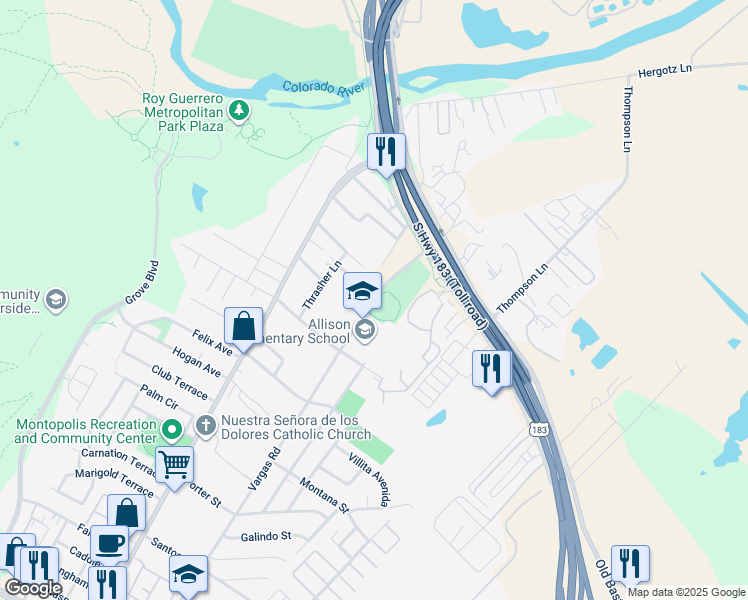 map of restaurants, bars, coffee shops, grocery stores, and more near 509-515 Vargas Road in Austin