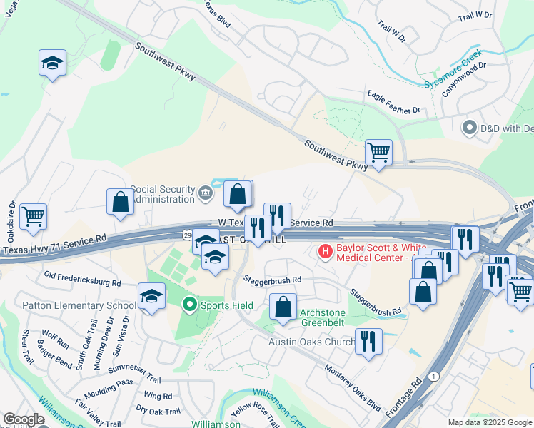 map of restaurants, bars, coffee shops, grocery stores, and more near 5424 West US Highway 290 Service Road in Austin