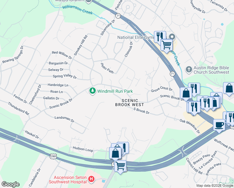 map of restaurants, bars, coffee shops, grocery stores, and more near 7221 South Brook Drive in Austin