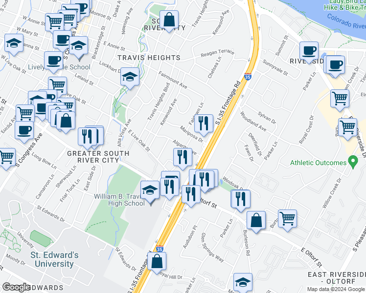 map of restaurants, bars, coffee shops, grocery stores, and more near 1221 Algarita Avenue in Austin