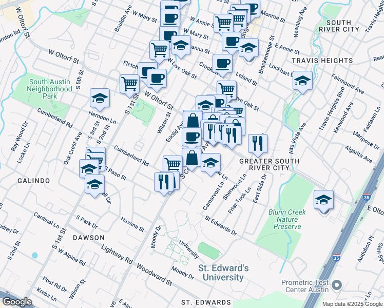 map of restaurants, bars, coffee shops, grocery stores, and more near 2510 South Congress Avenue in Austin