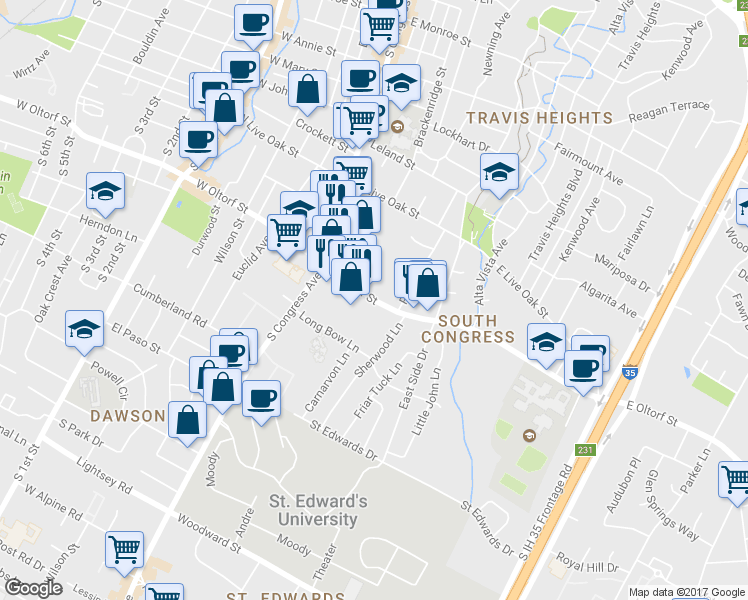 map of restaurants, bars, coffee shops, grocery stores, and more near 402 East Oltorf Street in Austin