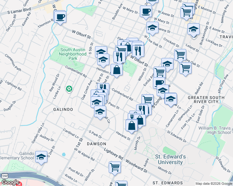 map of restaurants, bars, coffee shops, grocery stores, and more near 2701 Stacy Lane in Austin