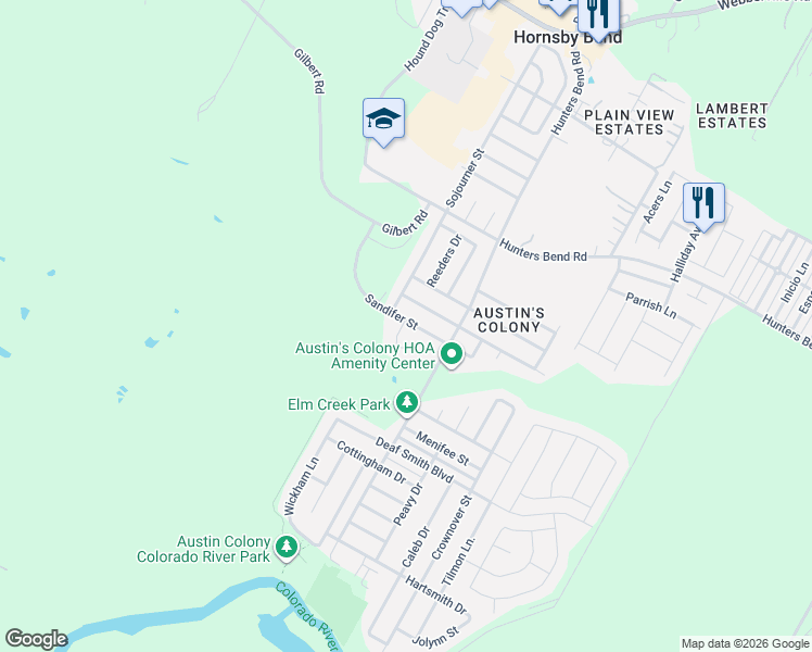 map of restaurants, bars, coffee shops, grocery stores, and more near 3605 Banda Lane in Austin