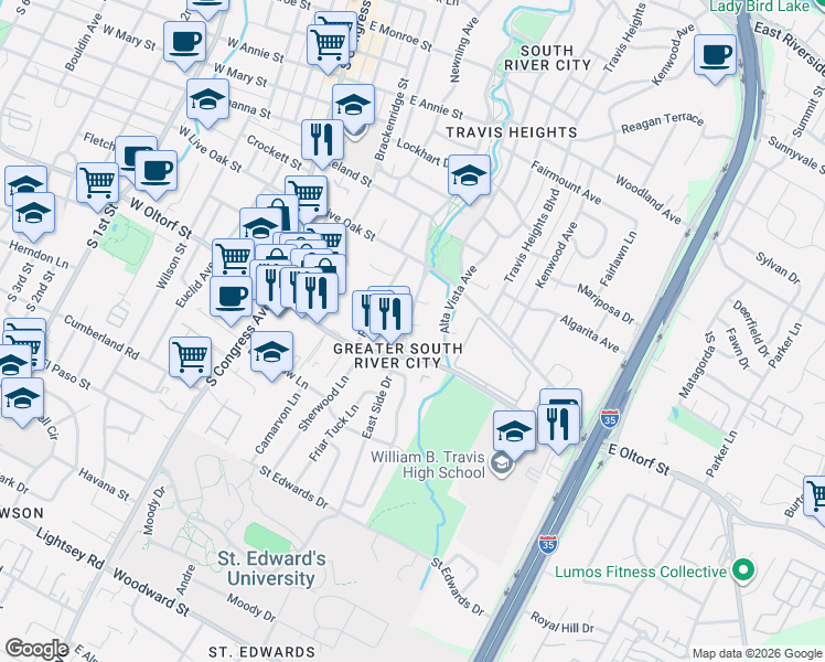 map of restaurants, bars, coffee shops, grocery stores, and more near 2301 East Side Drive in Austin