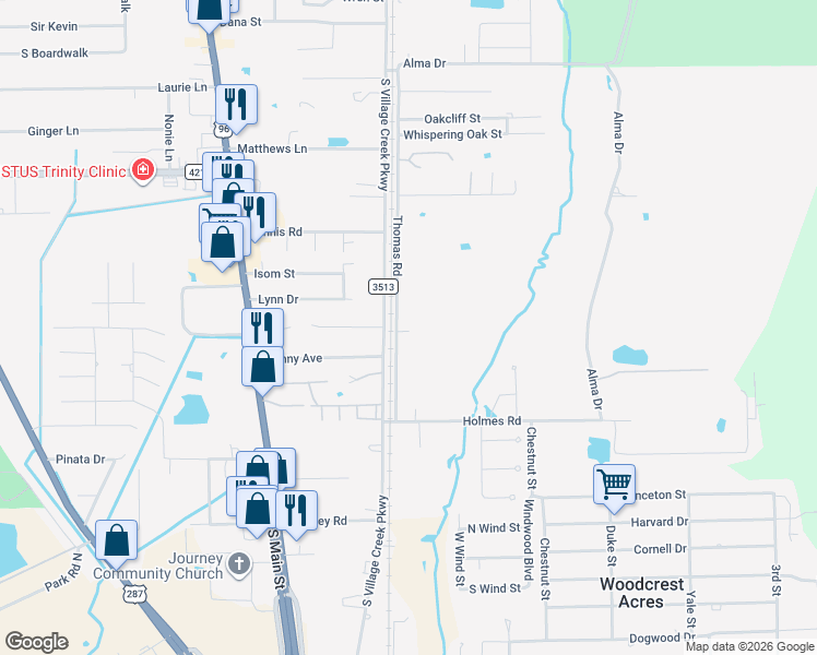 map of restaurants, bars, coffee shops, grocery stores, and more near 155 Thomas Road in Lumberton