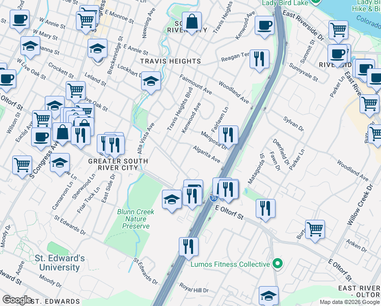 map of restaurants, bars, coffee shops, grocery stores, and more near 2107 Glendale Place in Austin