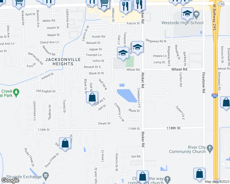 map of restaurants, bars, coffee shops, grocery stores, and more near 6099 Blank Drive in Jacksonville