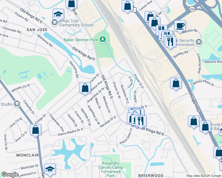 map of restaurants, bars, coffee shops, grocery stores, and more near 7846 Praver Drive West in Jacksonville