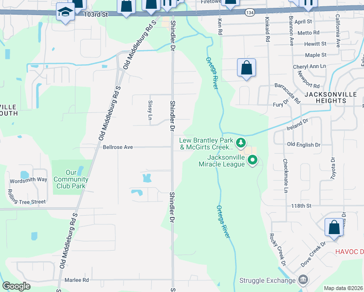 map of restaurants, bars, coffee shops, grocery stores, and more near 6047 Shindler Drive in Jacksonville