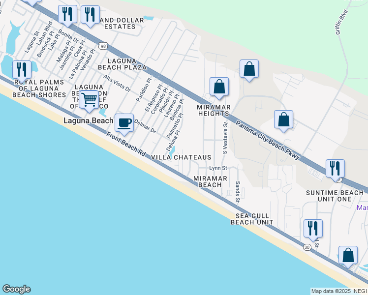 map of restaurants, bars, coffee shops, grocery stores, and more near in Panama City Beach