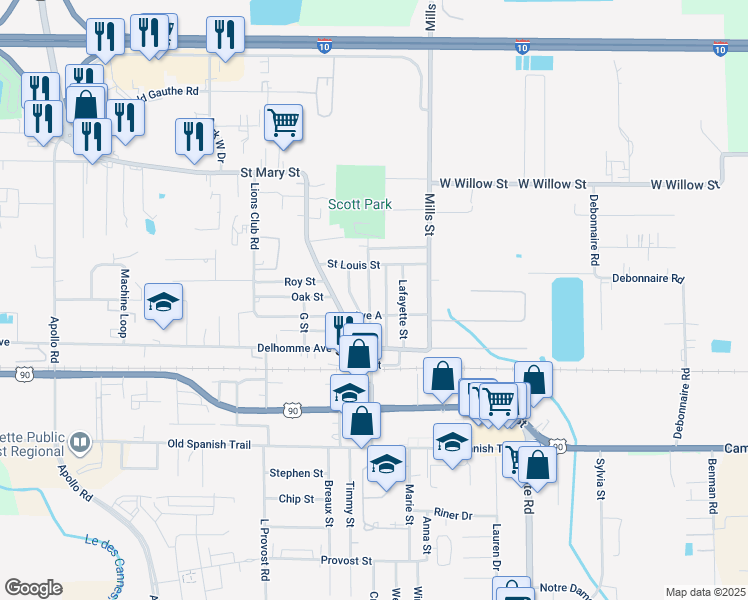 map of restaurants, bars, coffee shops, grocery stores, and more near 1114 Alfred Street in Scott