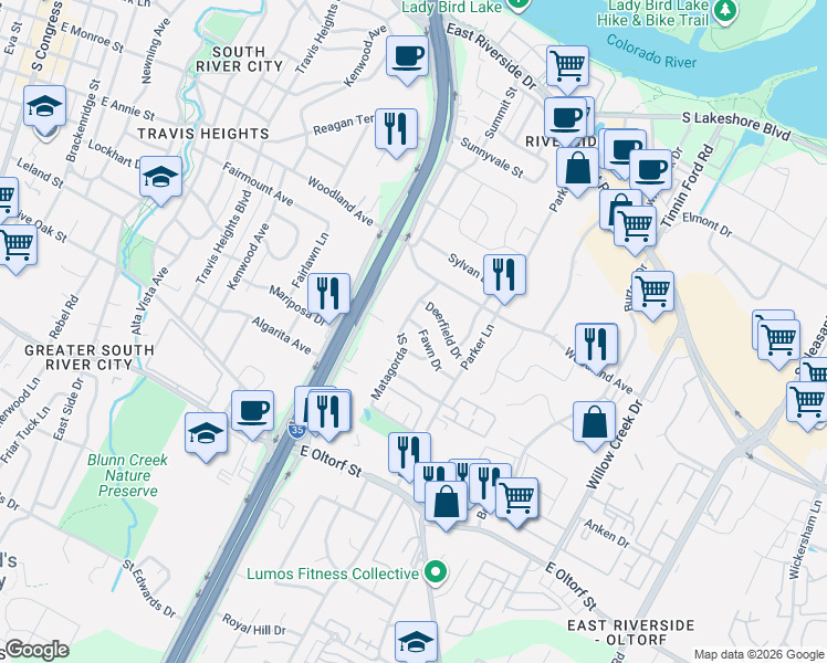 map of restaurants, bars, coffee shops, grocery stores, and more near 1712 Fawn Drive in Austin
