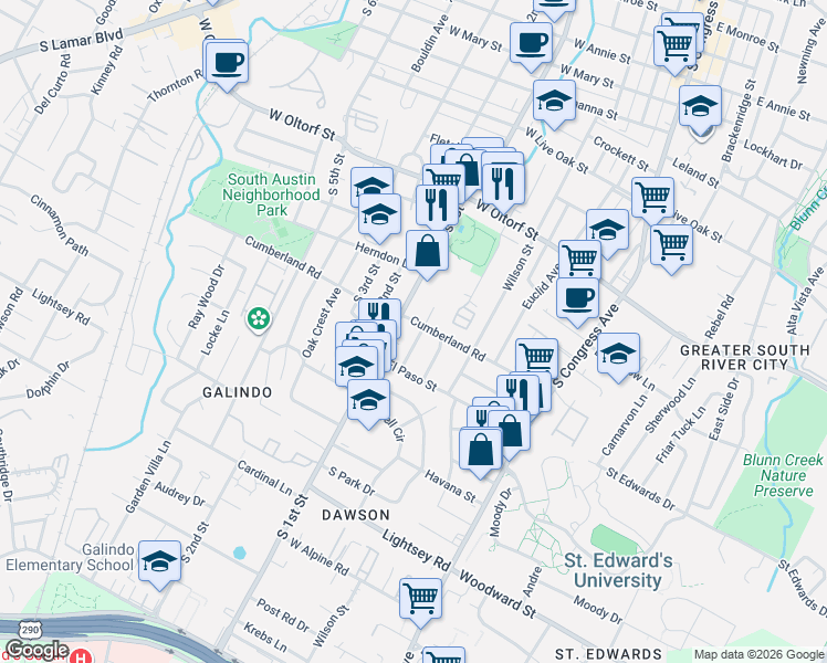 map of restaurants, bars, coffee shops, grocery stores, and more near 2702 La Mesa Drive in Austin