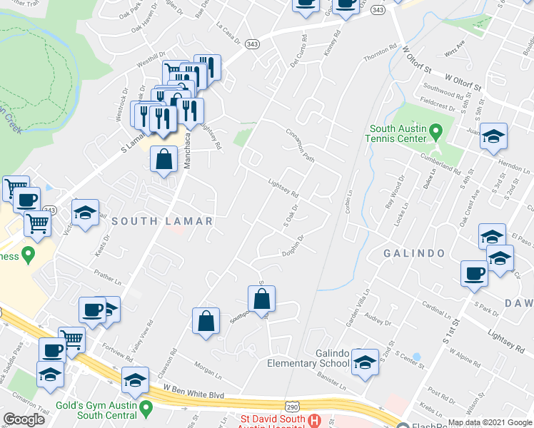 map of restaurants, bars, coffee shops, grocery stores, and more near 1605 Valleyridge Drive in Austin