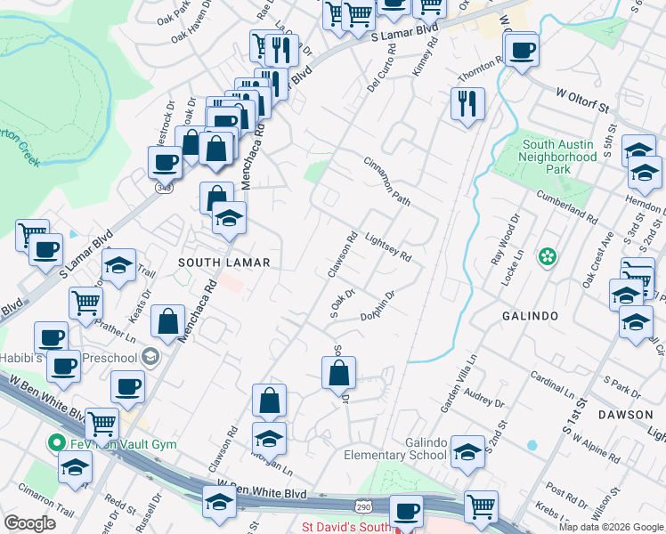 map of restaurants, bars, coffee shops, grocery stores, and more near 1605 Valleyridge Drive in Austin