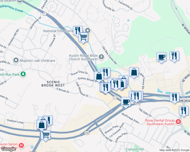 map of restaurants, bars, coffee shops, grocery stores, and more near 6916 Scenic Brook Drive in Austin
