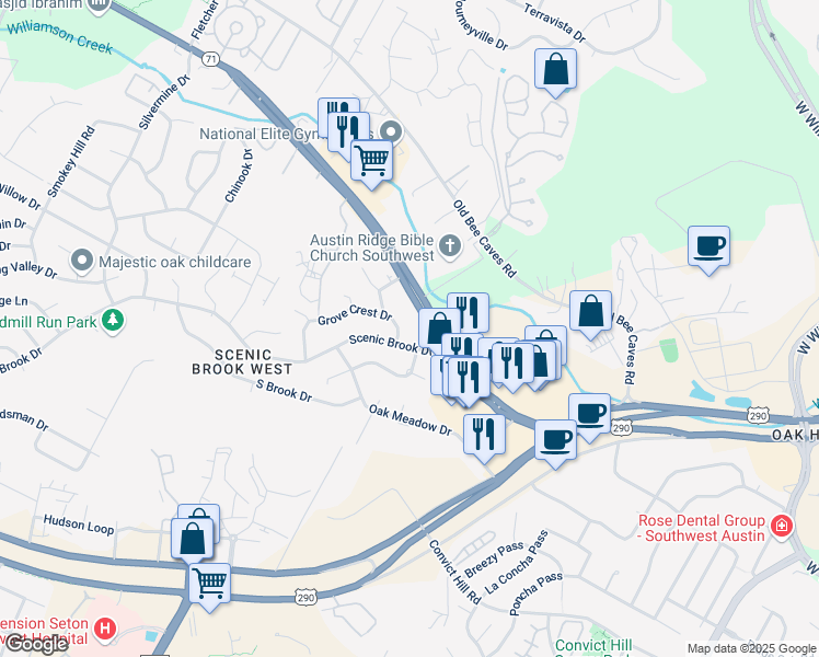 map of restaurants, bars, coffee shops, grocery stores, and more near 6916 Scenic Brook Drive in Austin