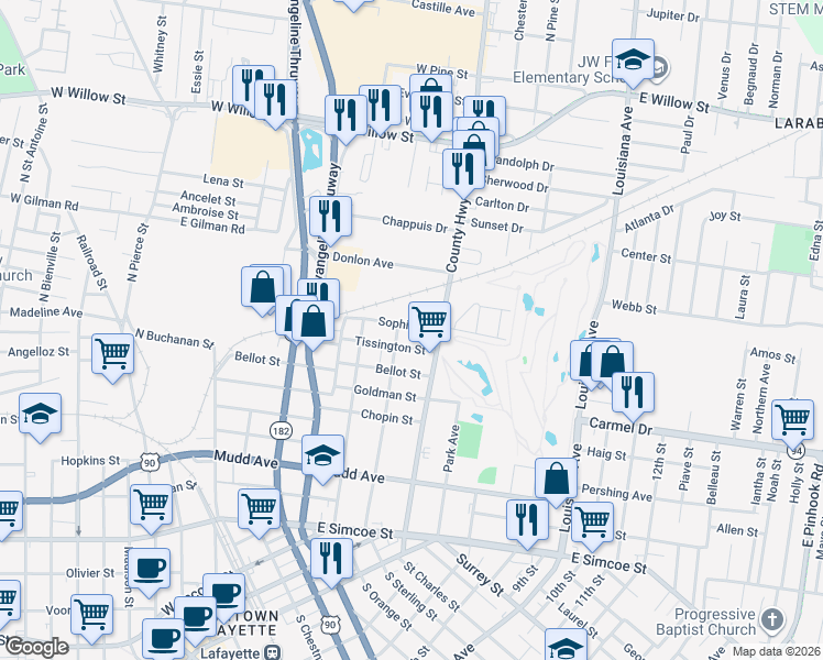 map of restaurants, bars, coffee shops, grocery stores, and more near 421 Tissington Street in Lafayette