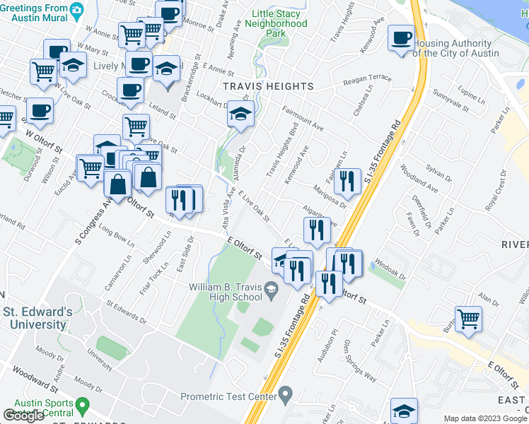 map of restaurants, bars, coffee shops, grocery stores, and more near 1008 East Live Oak Street in Austin