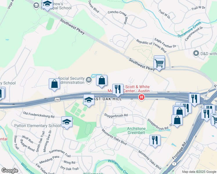 map of restaurants, bars, coffee shops, grocery stores, and more near 5424 West US Highway 290 Service Road in Austin