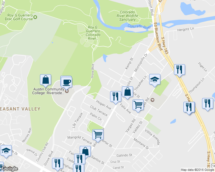 map of restaurants, bars, coffee shops, grocery stores, and more near 6106 Richardson Ln in Austin