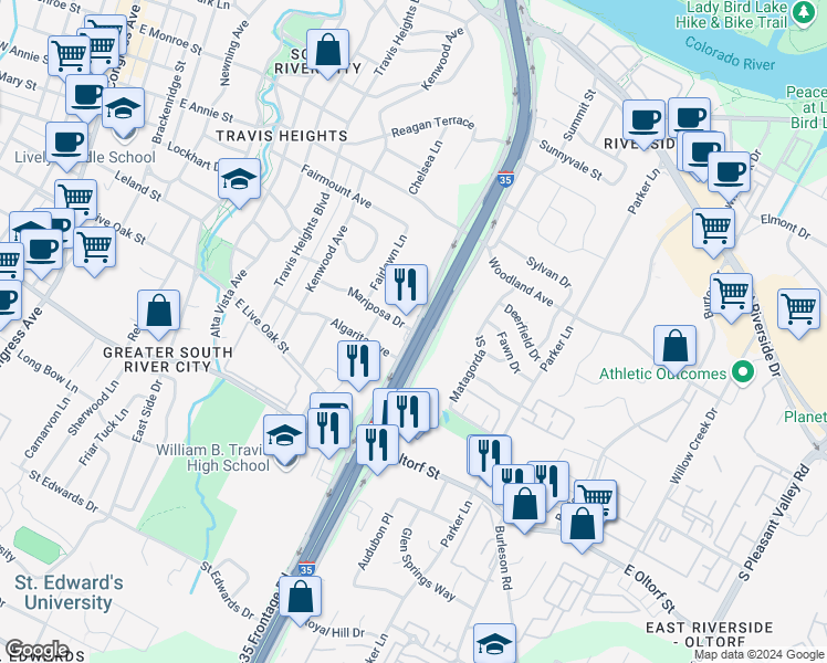 map of restaurants, bars, coffee shops, grocery stores, and more near Mariposa Drive in Austin