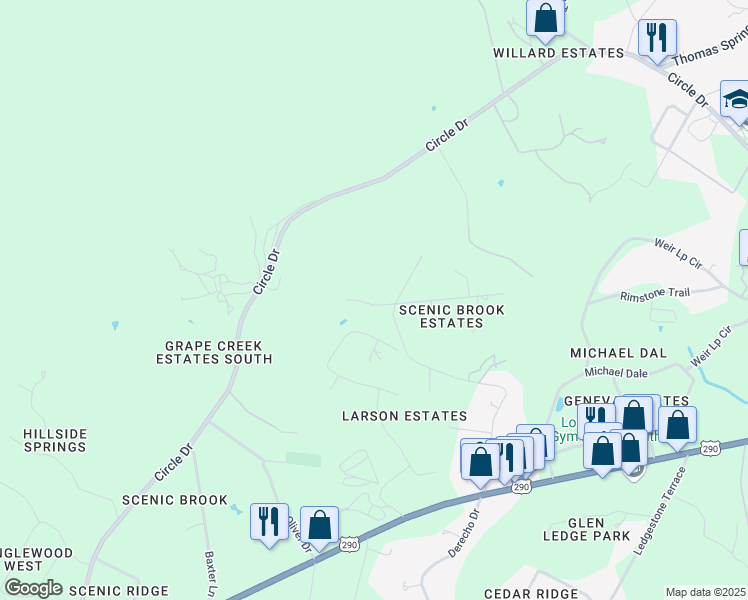 map of restaurants, bars, coffee shops, grocery stores, and more near 10602 Oak Valley Court in Austin