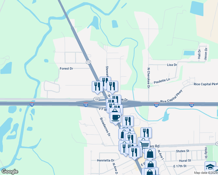 map of restaurants, bars, coffee shops, grocery stores, and more near 144 Stewartville Road in Crowley