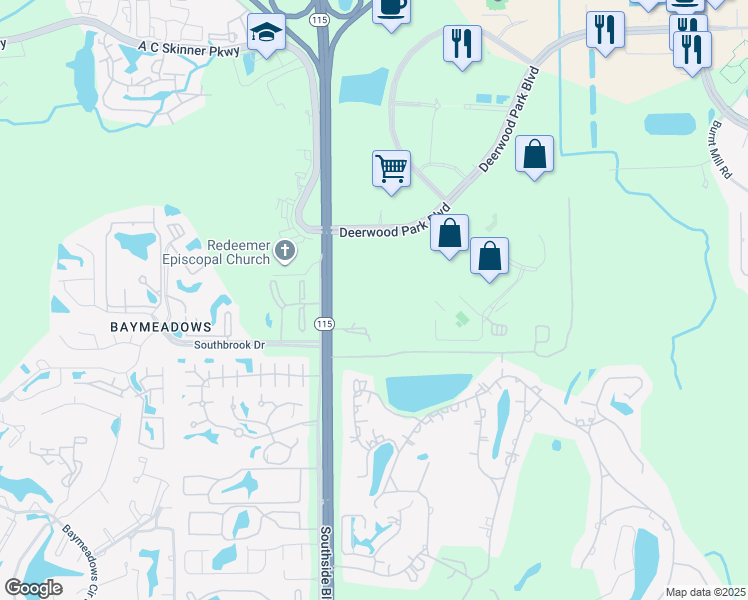 map of restaurants, bars, coffee shops, grocery stores, and more near 7851 Southside Boulevard in Jacksonville
