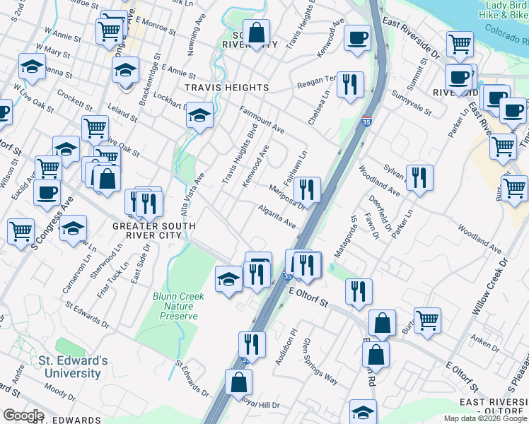 map of restaurants, bars, coffee shops, grocery stores, and more near 1221 Algarita Avenue in Austin