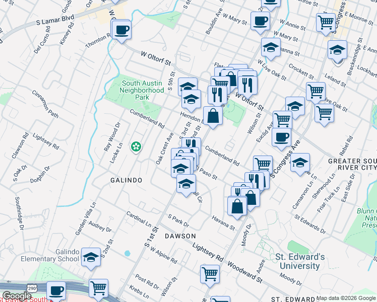 map of restaurants, bars, coffee shops, grocery stores, and more near 2715 South 1st Street in Austin